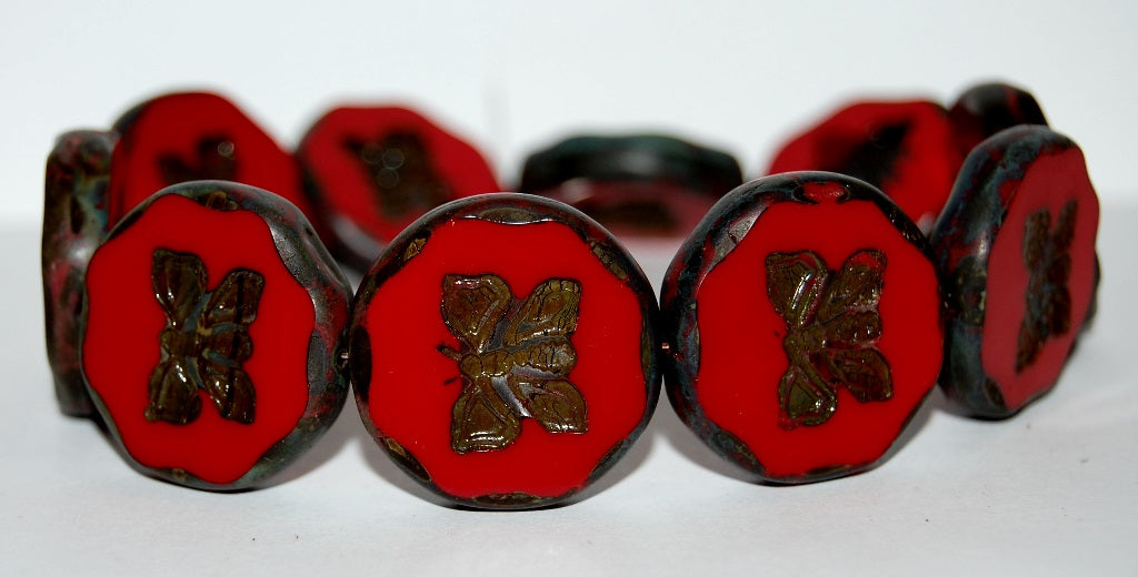 Table Cut Round Beads With Butterfly, Opaque Red Travertin (93200 86800), Glass, Czech Republic