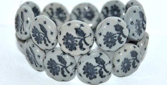 Round Flat With Flower Marguerite Pressed Glass Beads, Opaque Gray 46769 (43030 46769), Glass, Czech Republic
