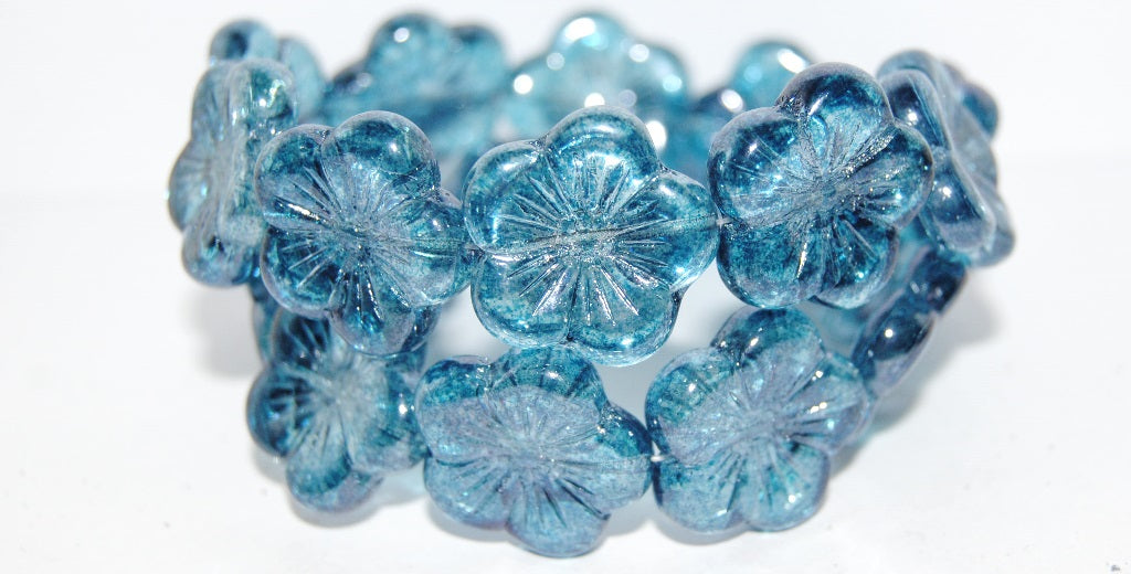 Round Flower Hibiskus Pressed Glass Beads, Crystal Luster Blue Full Coated (30 14464), Glass, Czech Republic
