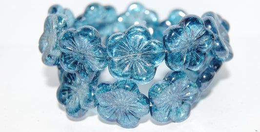 Round Flower Hibiskus Pressed Glass Beads, Crystal Luster Blue Full Coated (30 14464), Glass, Czech Republic