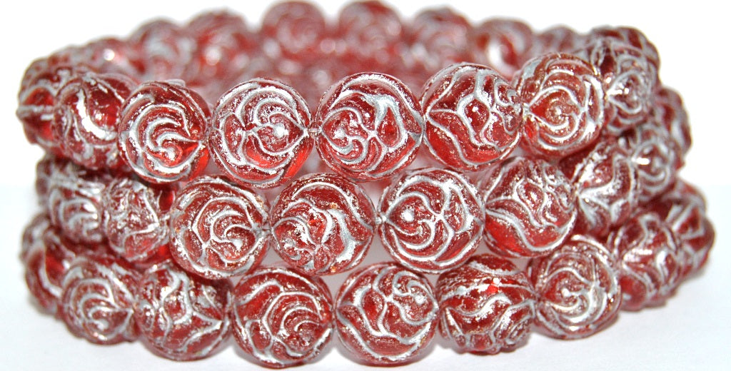 Round Rose Pressed Glass Beads, Transparent Red 54201 Antiq (90060 54201 Antiq), Glass, Czech Republic