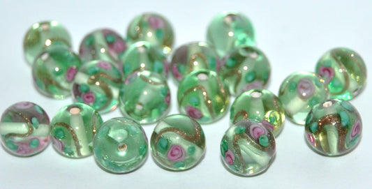 Czech Glass Hand Made Round Lampwork Beads With Flower And Aventurine, (C), Glass, Czech Republic