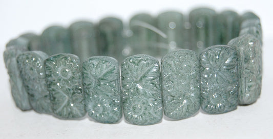 Flat Rectangle 2-Hole Pressed Glass Beads With Flower, White Luster Green Full Coated (2010 14459), Glass, Czech Republic