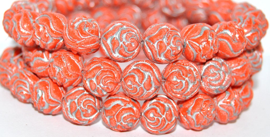 Round Rose Pressed Glass Beads, Deep Orange  54201 (93140 54201), Glass, Czech Republic