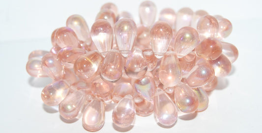 Pear Drop Pressed Glass Beads, Transparent Pink Ab (70120 Ab), Glass, Czech Republic
