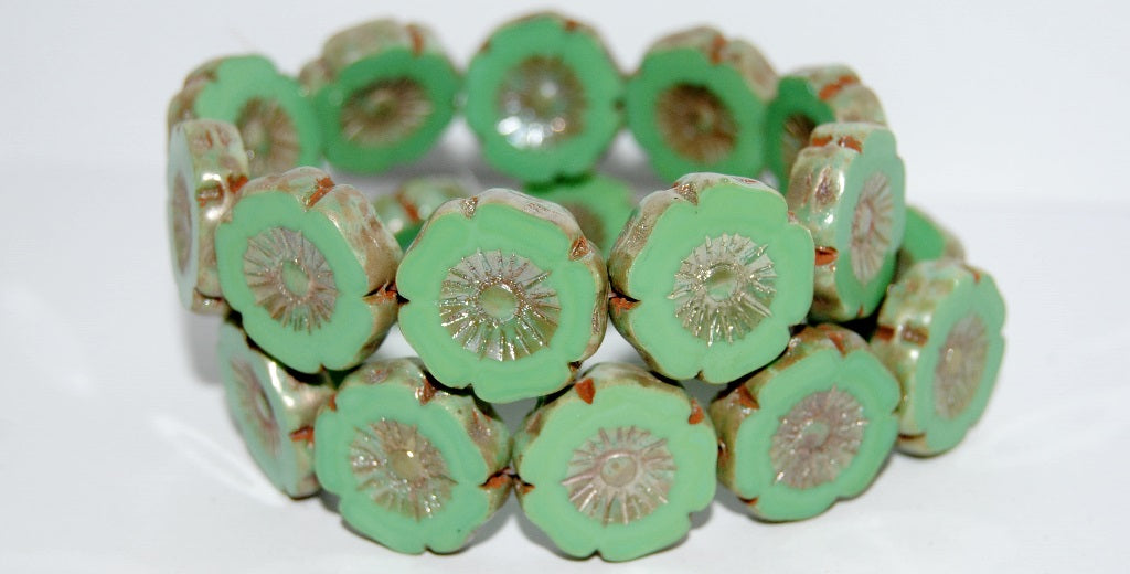 Table Cut Round Beads Hawaii Flowers, Opaque Green 43400 (53300 43400), Glass, Czech Republic