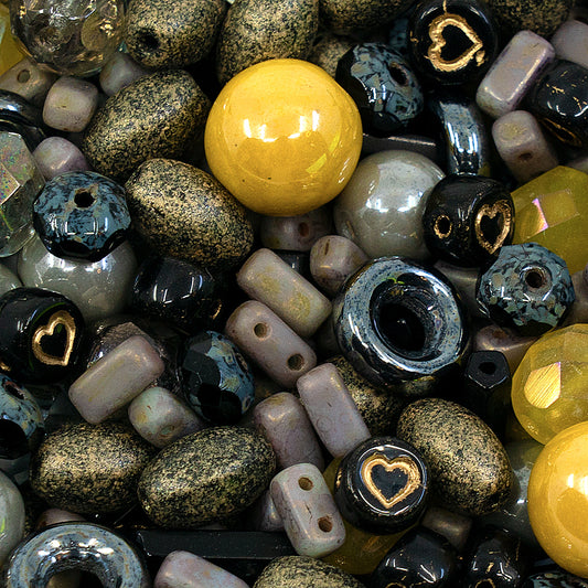 Mix of Unique Czech Bohemia Glass Pressed Beads, Matte and Glossy, Hand Made, Luster Gray Yellow