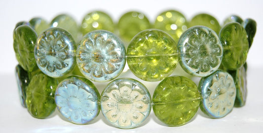 Flat Round With Flower Pressed Glass Beads, Transparent Green Ab (50110 Ab), Glass, Czech Republic