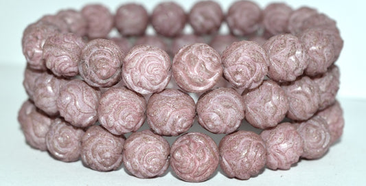 Round Rose Pressed Glass Beads, Luster Violet Full Coated Antiq (14496 Antiq), Glass, Czech Republic
