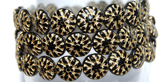 Round Flower Edelweiss Pressed Glass Beads, Black 54202 (23980 54202), Glass, Czech Republic