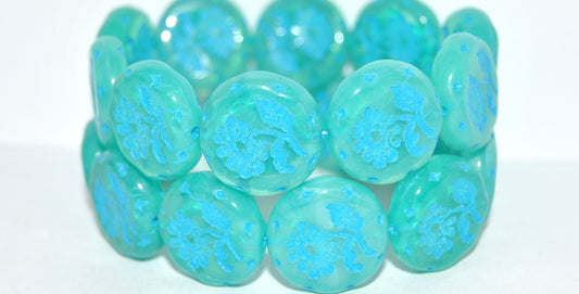 Round Flat With Flower Marguerite Pressed Glass Beads, Opal Aqua 46460 (61100 46460), Glass, Czech Republic