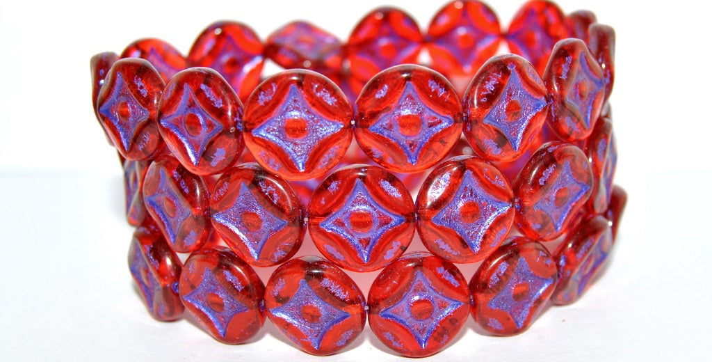Flat Round With 4-Point Star Pressed Glass Beads, Light Siam 43810 Metalic (90070 43810 Metalic), Glass, Czech Republic