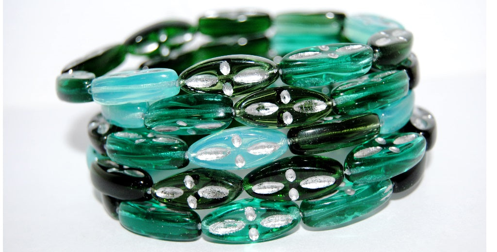 Boat Oval Pressed Glass Beads With Decor, Mixed Colors Green 54201 (Mix Green 54201), Glass, Czech Republic