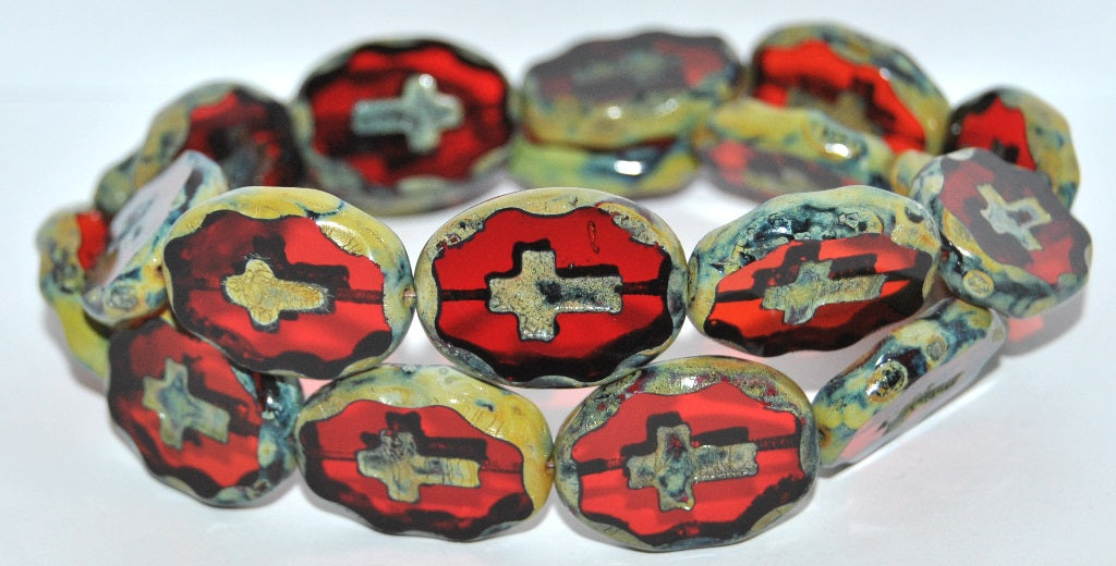 Table Cut Oval Beads With Cross, Light Siam Travertin (90070 86800), Glass, Czech Republic