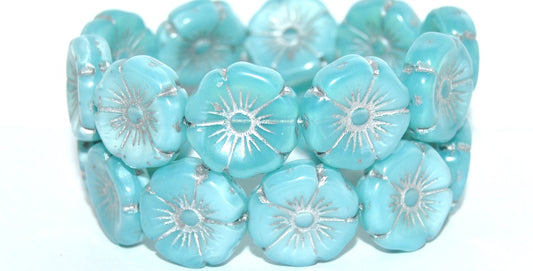 Hawaii Flower Pressed Glass Beads, Opal Aqua 54201 (61300 54201), Glass, Czech Republic