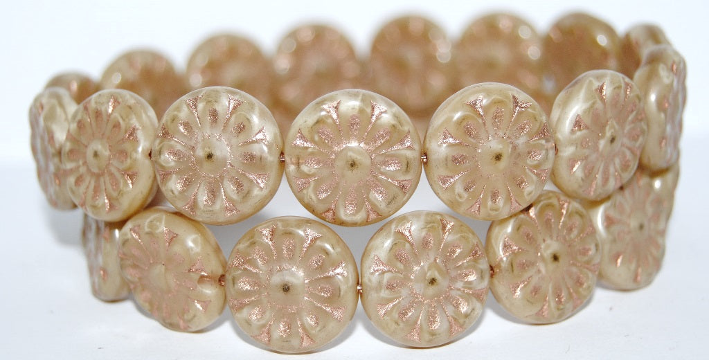 Flat Round With Flower Pressed Glass Beads, (17006 54200), Glass, Czech Republic