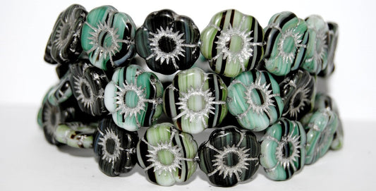 Round Flat Flower Pressed Glass Beads, Green Mixed Colors 54201 (Green Mix 54201), Glass, Czech Republic