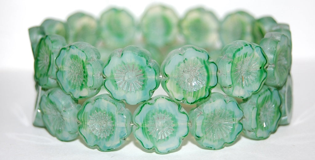 Table Cut Round Beads Hawaii Flowers, 5514 Luster Cream (5514 14401), Glass, Czech Republic