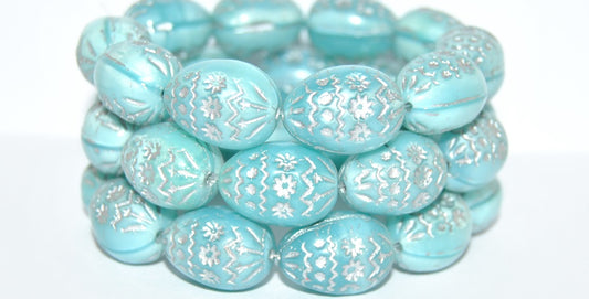 Oval Egg With Decor Pressed Glass Beads, Opal Aqua 54201 (61300 54201), Glass, Czech Republic
