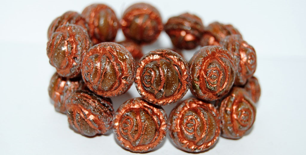 Round With Rose Flower Pressed Glass Beads, (16616 55307), Glass, Czech Republic