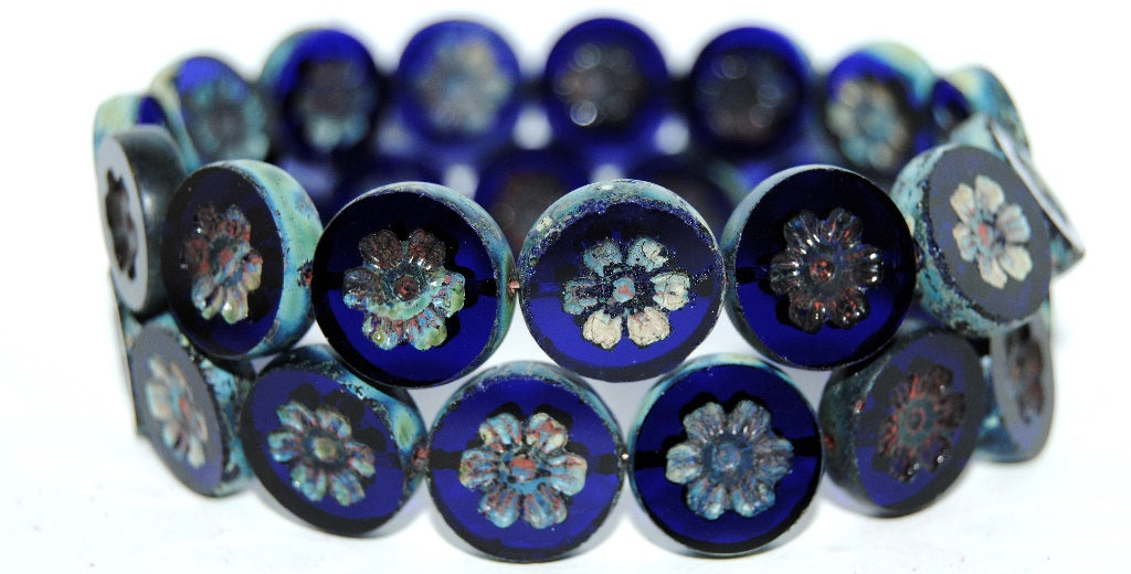 Table Cut Round Beads With Flower, Transparent Blue 66800 (30080 66800), Glass, Czech Republic