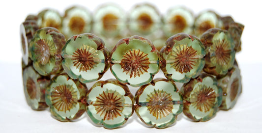 Table Cut Round Beads Hawaii Flowers, Transparent Green Travertin (50800 86800), Glass, Czech Republic