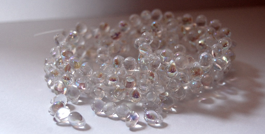 Pear Drop Pressed Glass Beads, Crystal Ab (30 Ab), Glass, Czech Republic