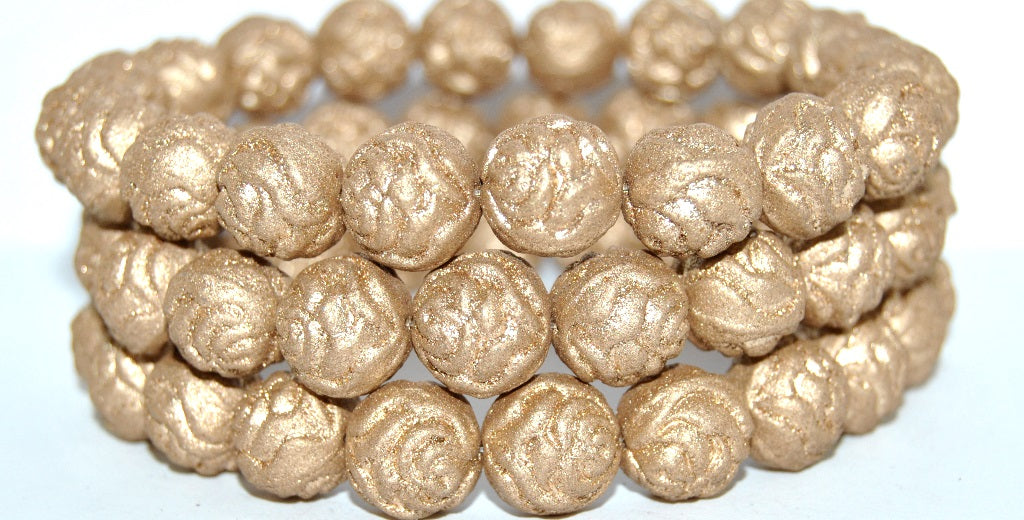 Round Rose Pressed Glass Beads, Gold Colored (1710), Glass, Czech Republic