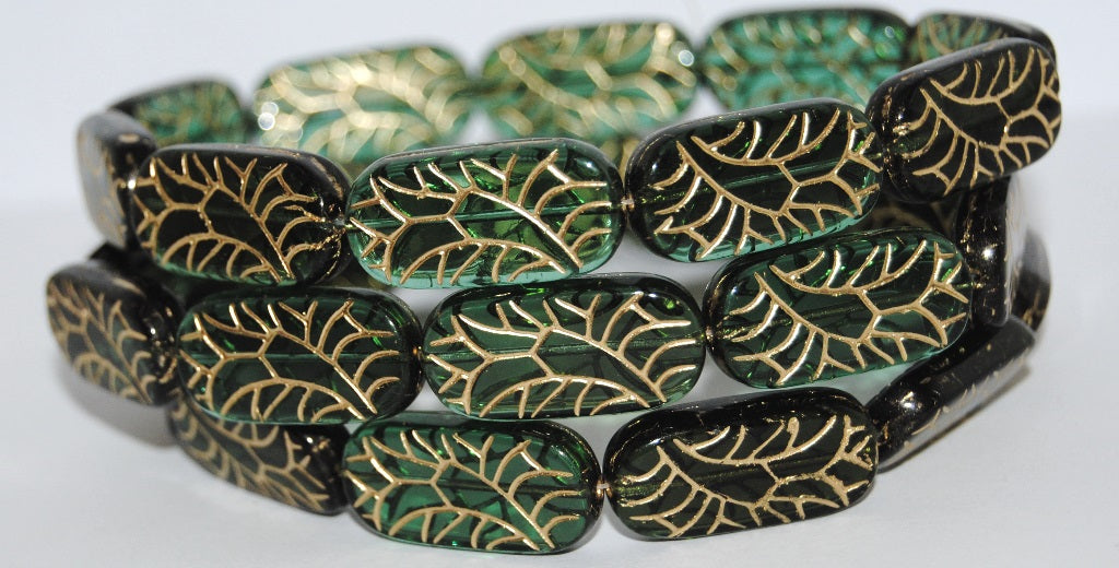 Rectangle With Ornament Pressed Glass Beads, Green Mixed Colors 54202 (Green Mix 54202), Glass, Czech Republic