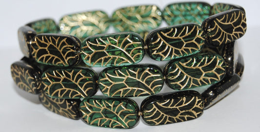 Rectangle With Ornament Pressed Glass Beads, Green Mixed Colors 54202 (Green Mix 54202), Glass, Czech Republic