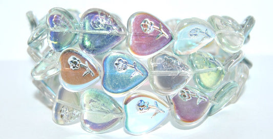 Heart Pressed Glass Beads With Flower, (30000B Ab), Glass, Czech Republic