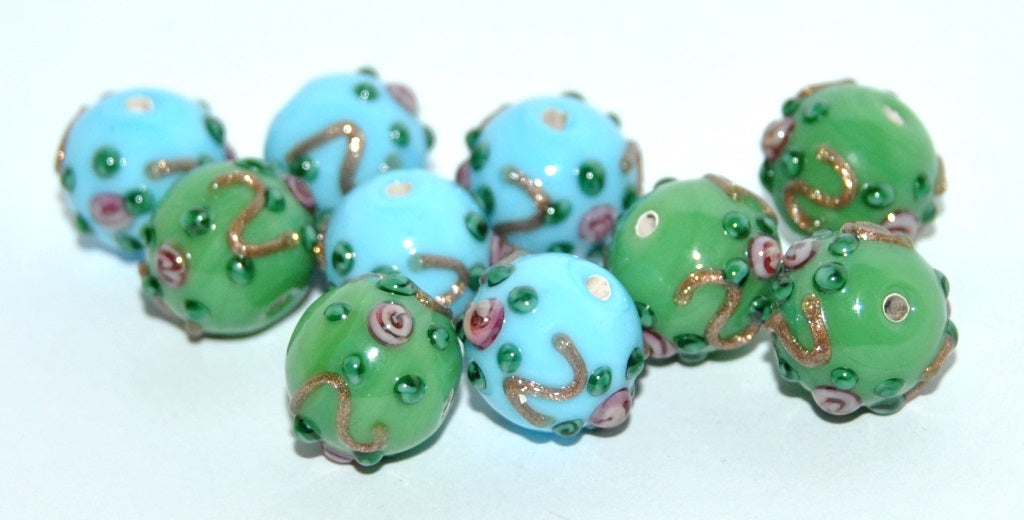 Czech Glass Hand Made Round Lampwork Beads With Flower, (C), Glass, Czech Republic