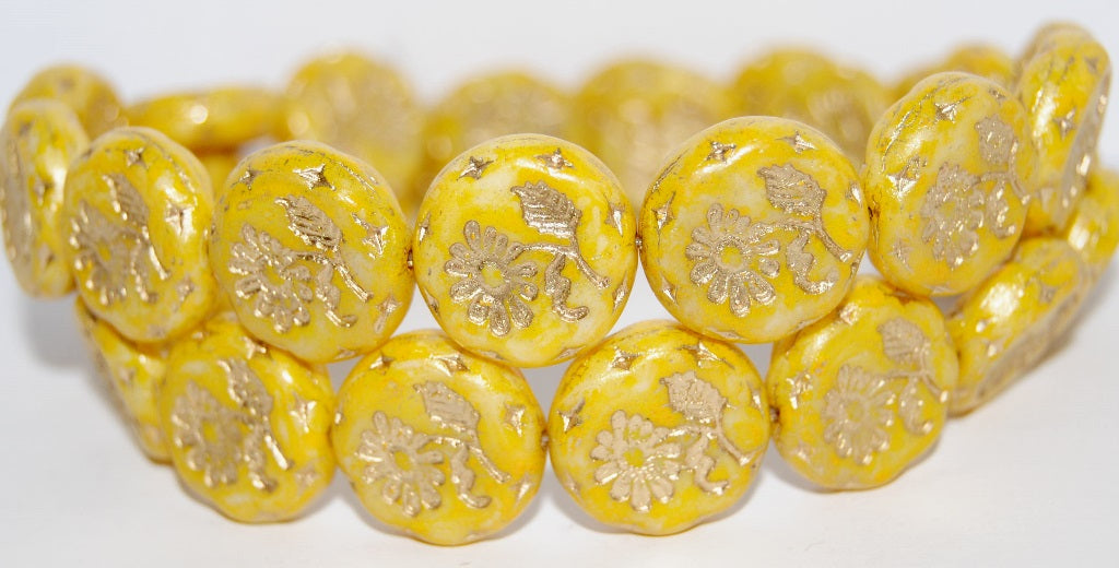Round Flat With Flower Marguerite Pressed Glass Beads, Chalk White Lava Glass Yellow 54202 (3000 Lava Glass Yellow 54202), Glass, Czech Republic