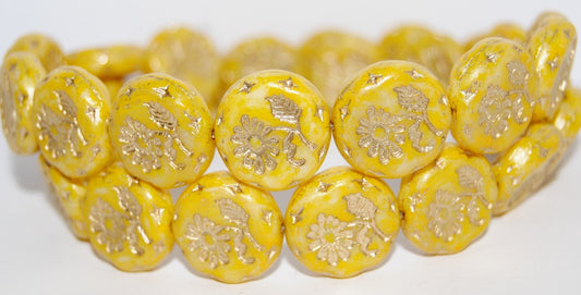 Round Flat With Flower Marguerite Pressed Glass Beads, Chalk White Lava Glass Yellow 54202 (3000 Lava Glass Yellow 54202), Glass, Czech Republic