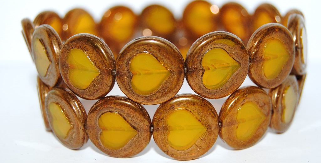 Table Cut Round Beads With Heart, Opal Yellow Bronze (81210 14415), Glass, Czech Republic