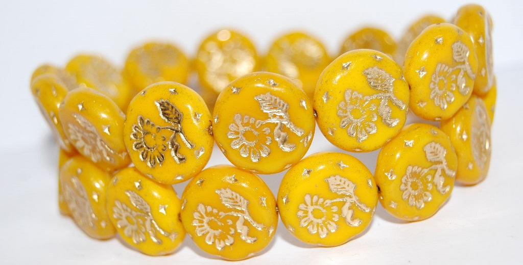 Round Flat With Flower Marguerite Pressed Glass Beads, Opaque Yellow 54202 (93110 54202), Glass, Czech Republic
