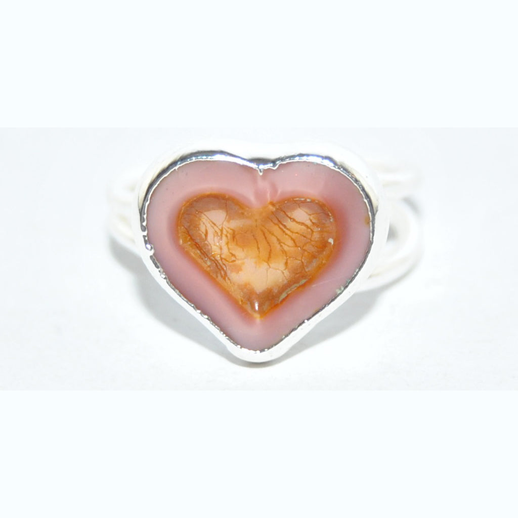 Adjustable Ring with Polished Czech Glass Bead, Heart 14 x 12 mm (G-21-D)