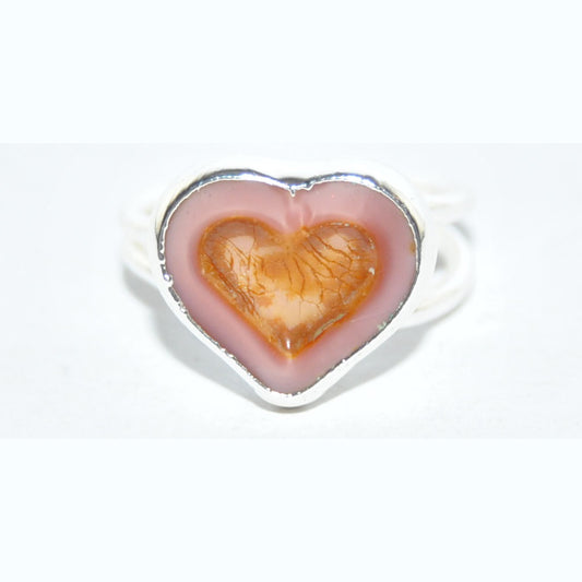 Adjustable Ring with Polished Czech Glass Bead, Heart 14 x 12 mm (G-21-D)