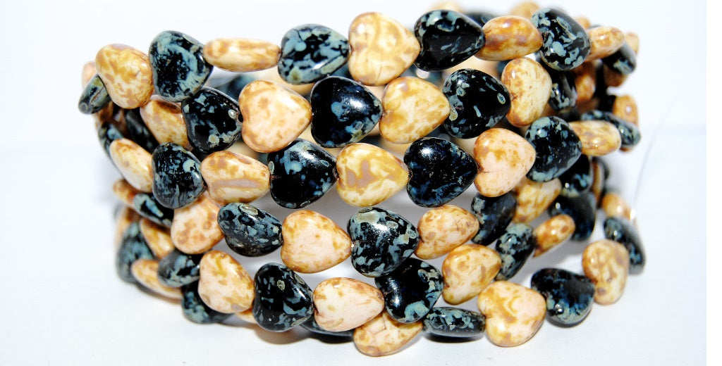 Heart Pressed Glass Beads, White Black Travertin (2010 23980 86800), Glass, Czech Republic