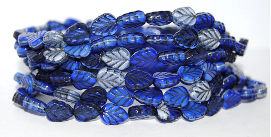 Lilac Leaf Pressed Glass Beads, Blue Mixed Colors 2 23202 (Blue Mix 2 23202), Glass, Czech Republic