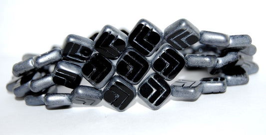 Table Cut Rhomb Beads With Lines, Black Luster Cream (23980 14401), Glass, Czech Republic
