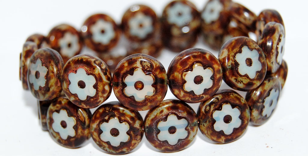 Table Cut Round Beads With Flower, Beige Travertin (84000 86800), Glass, Czech Republic