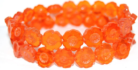 Table Cut Round Beads Hawaii Flowers, Transparent Orange Luster Cream (90020 14401), Glass, Czech Republic