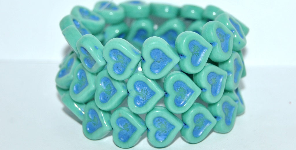 Heart With Heart Pressed Glass Beads, Turquoise 46430 (63130 46430), Glass, Czech Republic