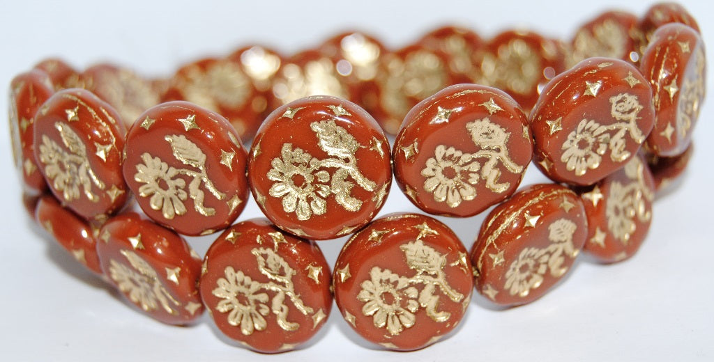 Round Flat With Flower Marguerite Pressed Glass Beads, Opaque Brown 54202 (13600 54202), Glass, Czech Republic