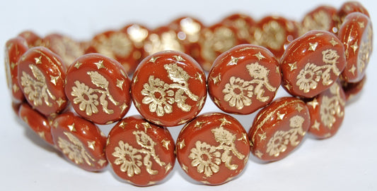 Round Flat With Flower Marguerite Pressed Glass Beads, Opaque Brown 54202 (13600 54202), Glass, Czech Republic