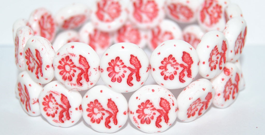 Round Flat With Flower Marguerite Pressed Glass Beads, White 43808 Metalic (2010 43808 Metalic), Glass, Czech Republic