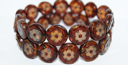 Table Cut Round Beads With Flower, 14010 Travertin (14010 86800), Glass, Czech Republic