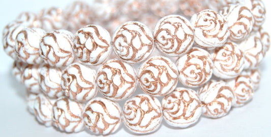 Round Rose Pressed Glass Beads, White 54200 (2010 54200), Glass, Czech Republic