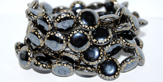 Flat Round Pressed Glass Beads With Ornament, Black Hematite 54202 (23980 14400 54202), Glass, Czech Republic